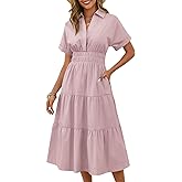 Wenrine Womens Summer Short Sleeve Maxi Dresses Casual V Neck Smocked Loose Tiered Flowy Shirt Dress with Pockets