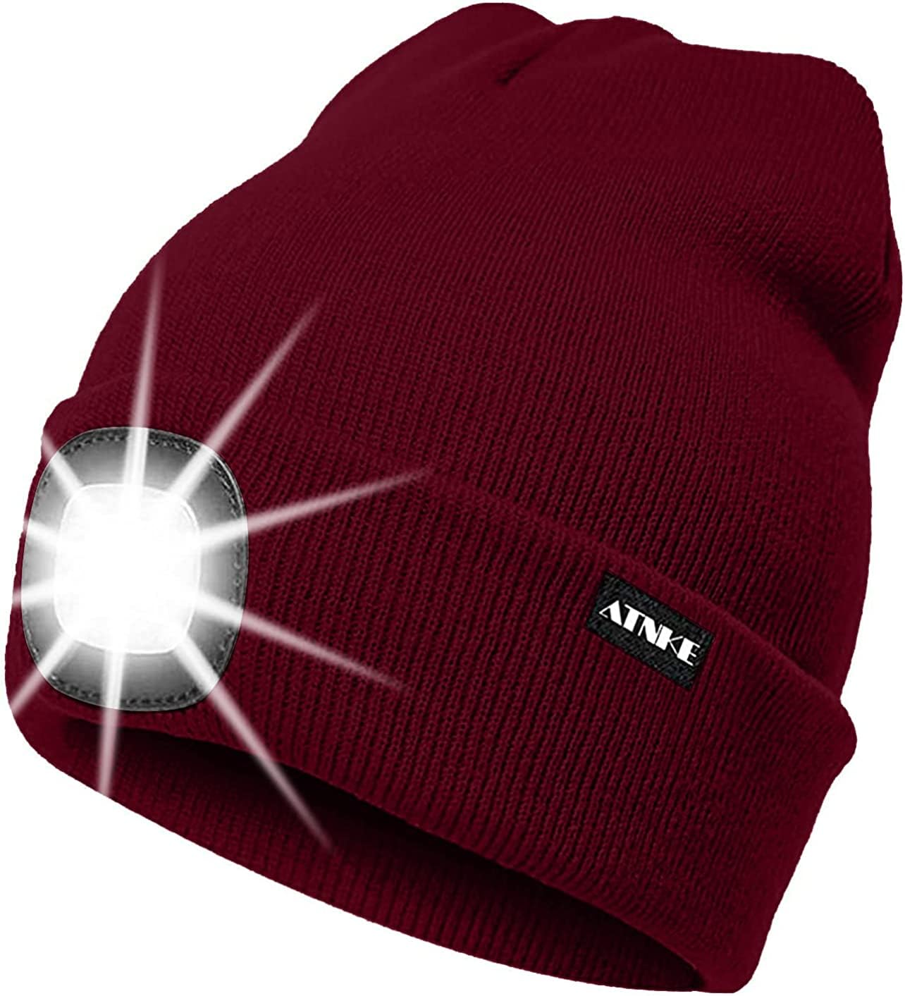 ATNKE LED Lighted Beanie Cap,USB Rechargeable Running Hat Ultra Bright 4 LED Waterproof Light Winter Warm Gifts for Men and Women/Wine Red