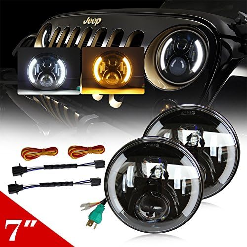 Jiuguang Pair 7" LED Headlight with 6000K Hi/lo Beam and DRL lamp for Jeep Wrangler JK - TJ Harley Davidson with H4 Plug H4-h13 Adapter Angel Eye Pack(J002)
