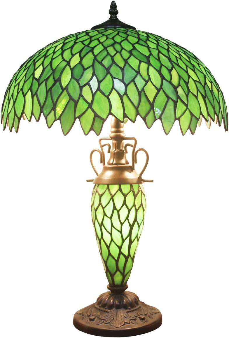 Tiffany Style Table Lamp 24 Inch Tall 3 Light Pull Chain Green Wisteria Stained Glass Lampshade Beside Desk Lamp Antique Base for Living Room Coffee Table Bedroom S523 WERFACTORY