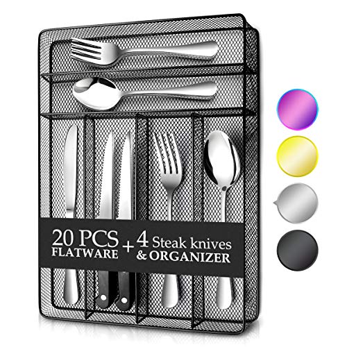 Teivio 24 Piece Silverware Set, Flatware Utensils Set Mirror Polished, Dishwasher Safe Service for 4, Include Knife/Fork/Spoon/Steak Knife/Wire Mesh Steel Cutlery Holder Storage Trays (Silver)