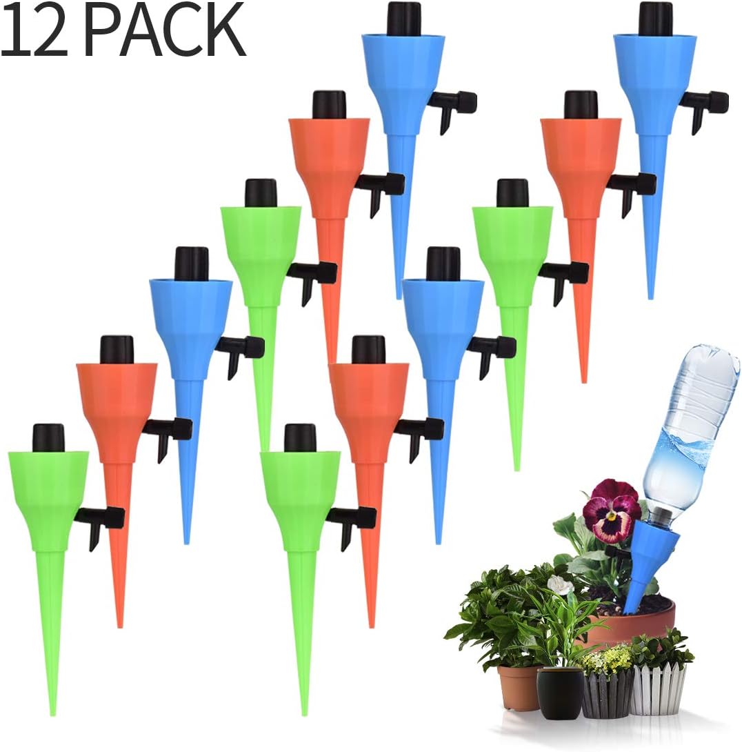 Automatic Watering Spikes, COOIEPA Self Waterer Irrigation Drippers Plant Watering Drip System with Adjustable Slow Release Valve for Outdoor Indoor Garden Lawn Potted Plant Flower Vegetables, 12 Pack