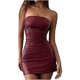 MakeMeChic Women's Strapless Leather Dress Ruched Bandeau Bodycon Party Mini Dresses Burgundy Medium
