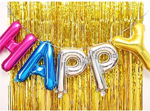 LAPOPNUT Metallic Tinsel Foil Fringe Curtains Backdrop Christmas Hanging Streamers for Birthday Party Prom Favors Bachelorette Weddings Window Door Decorative, Gold