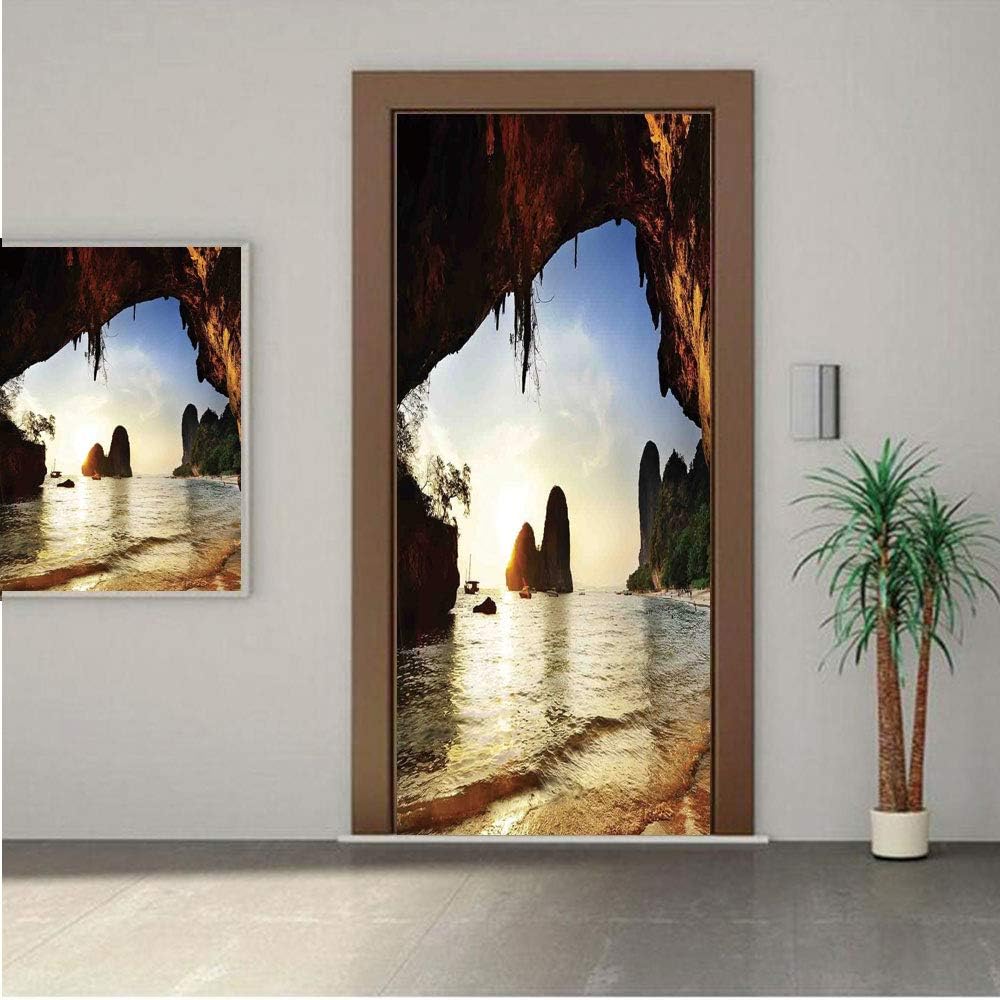 Natural Cave Decorations ONE Piece Door Stickers,Water Eroded Reed Flute Cave Chinese Cistern Rain Harvest with Artsy Photo 24x80" Peel & Stick Removable Wall Mural,Decal,Poster for Door/Wall/Fridge H