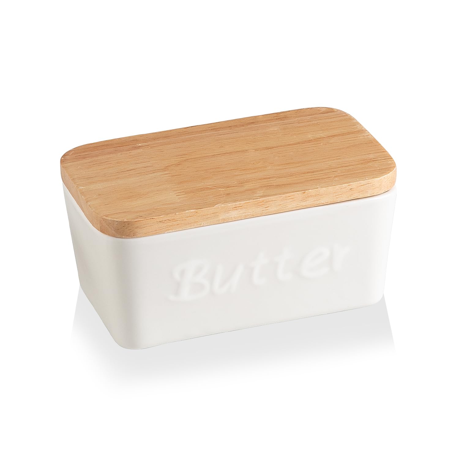 Sweejar Ceramic Butter Dish with Lid for Countertop,Butter Keeper with Thick Wood Lid,Butter Keeper for Counter or Fridge, Butter Holder Storage Kitchen Decor and Accessories for Kitchen Gifts