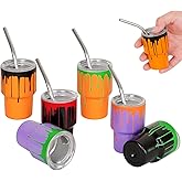 Mini Shot Glasses with Lids and Straws, 3 oz Cute Halloween Style Stainless Steel Insulated Tumbler Cup for Drink Cocktail Bar Beach Party Gift (6 Packs) (Halloween Fresh Blood（3 oz-6 pcs）)