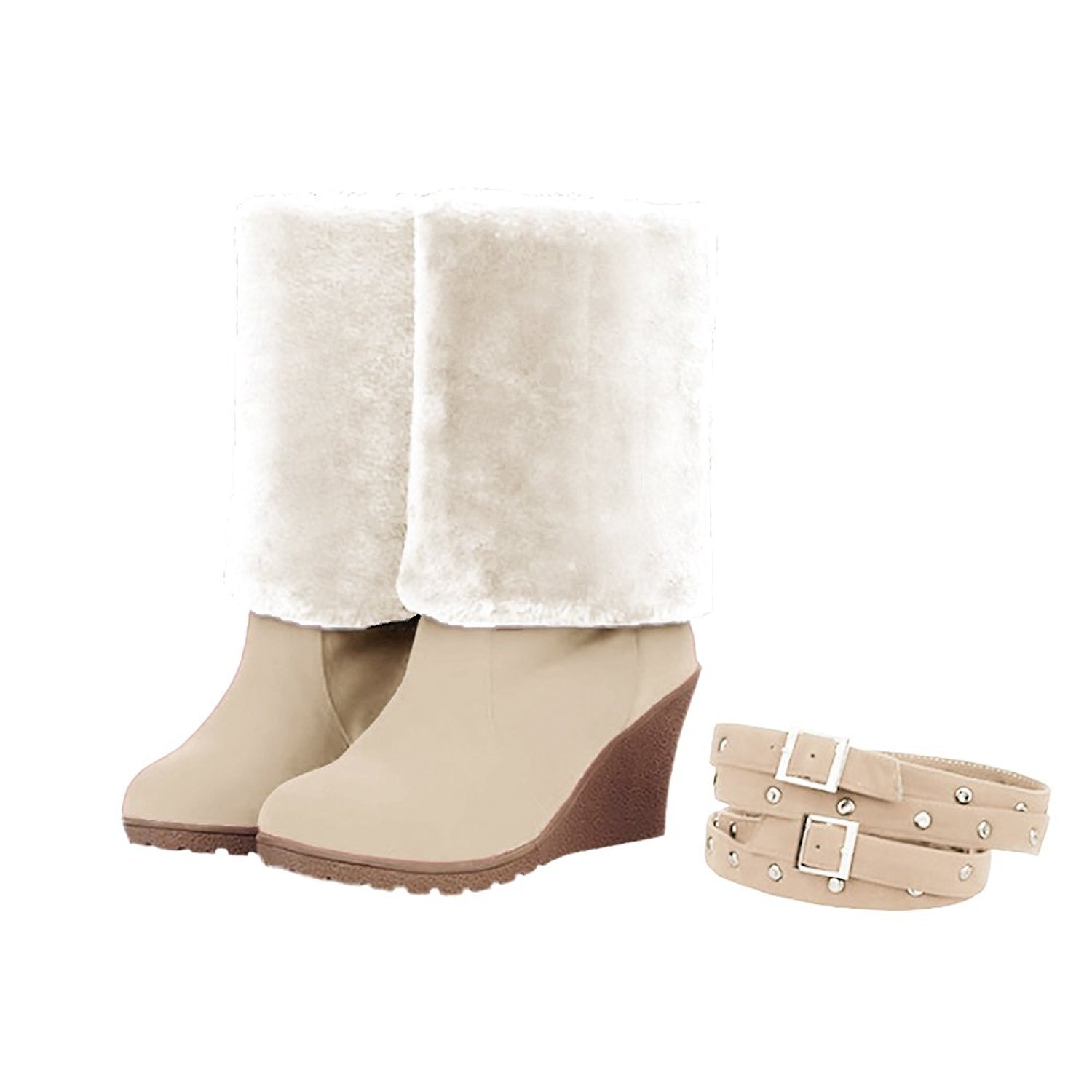 Ifantasy Winter Warm Snow Boots for Women Suede High Heel Wedges Buckle Mid Calf Boots