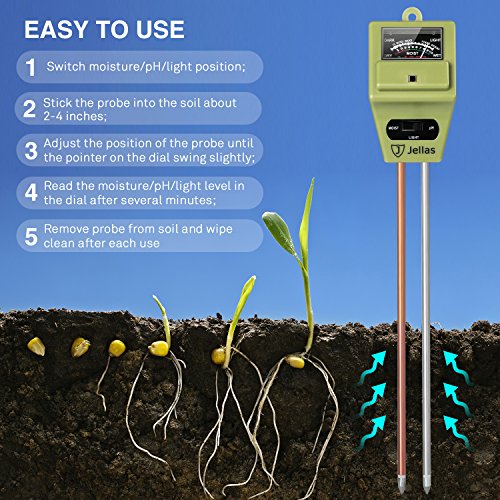 Jellas Soil Moisture Meter 3-In-1 Soil pH Meter Moisture Sensor Sunlight pH Soil Test Kits for Home and Garden, Indoor/Outdoor Plants - Olive Green