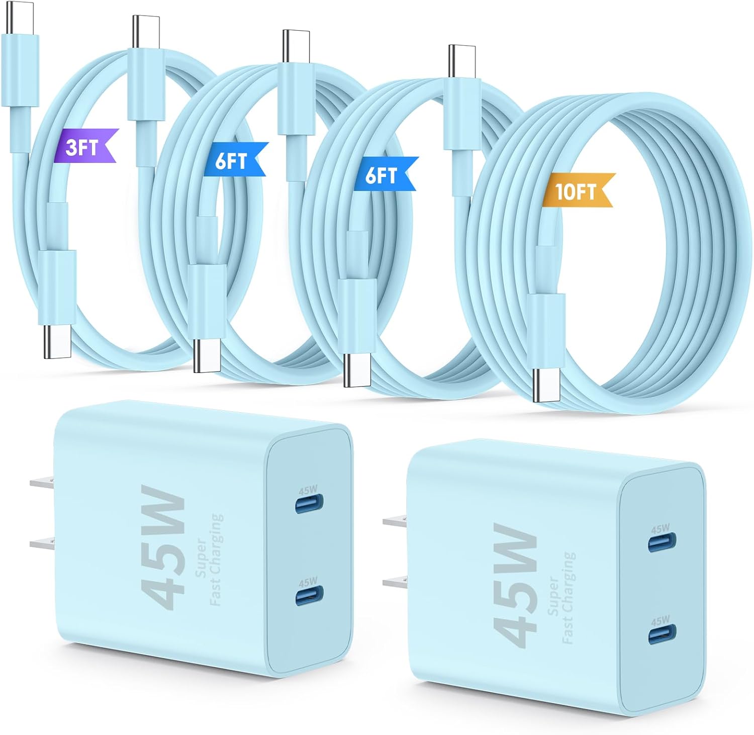 QZIIW Super Fast Samsung Charger Type C,45W Dual Port USB C Fast Charger Block [2-Pack] & Extra Long 60W 3/6/6/10FT USB C Cab