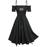 DRESSFO Women's Gothic Vintage Victorian Cold Shoulder Butterfly Applique Textured Layered Lace Up A Line Cami Dress