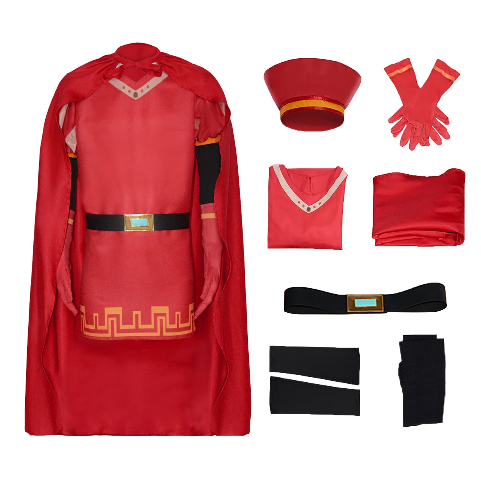Photo 1 of (used)(unknown if complete) Modshliving Adult Medieval Costume Red Royal Guard Uniform Cape with Hat Belt Gloves Full Set Haloween Cosplay Outfit (Red, S)