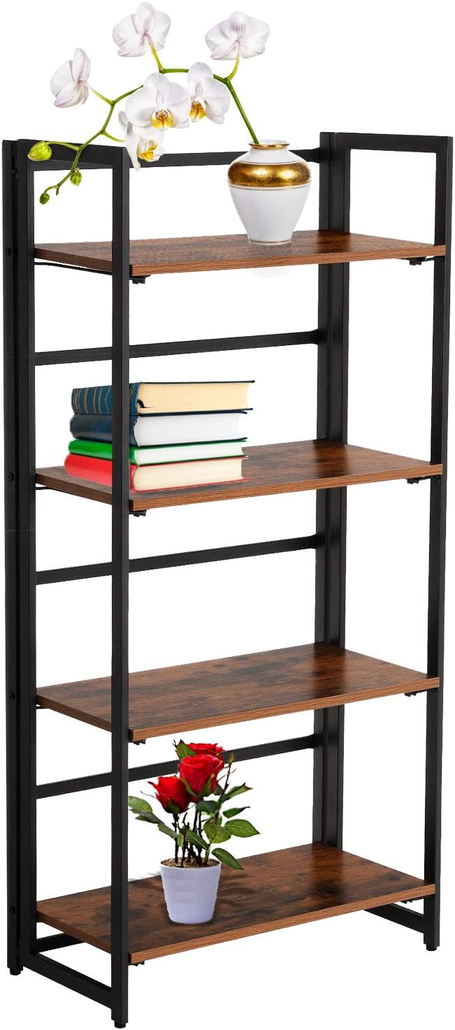 Comodo Folding Bookshelf, 4-Tier Bookcase, Multifunctional Shelving Unit, Easy Assembly, with Metal Frame, Rustic Dark Brown