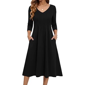 Zeagoo 3/4 Sleeve Women's Dress Pleated Midi Casual Dresses with Pockets | For A More Flattering Fit, We Recommend Choosing O