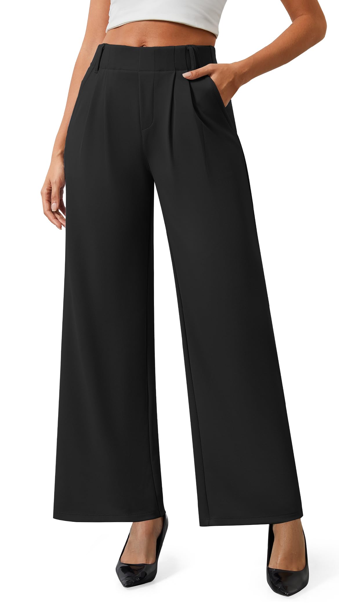 AVAMO Womens Dress Pants Wide Leg Pull On Stretchy Work Pants for Women with Pockets High Elastic Waist Office Business Black