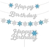 Happy Birthday Snowflake Banner Pre-Strung Blue Snow Flake Winter Holiday Decorations Paty Glitter Letter Silve color Winter Birthday Garland Wonderland Frozen Themed Christmas Holiday Party No DIY