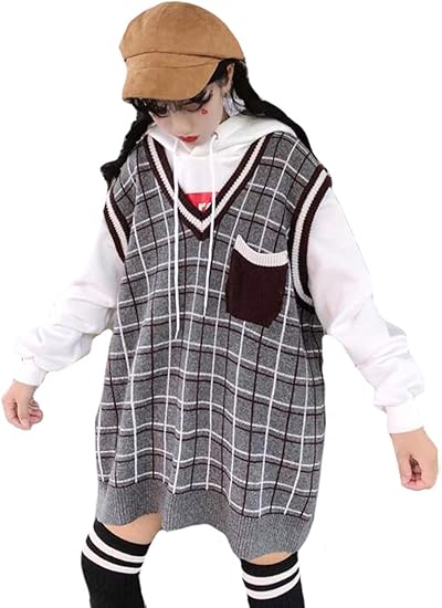 Amazon Ppeiree ニットベスト レディースファッション チェック柄 ロングベスト カジュアルセーター ニット トップス ロング丈 森ガール ジレベスト ニットセーター 学院風写真色 ベスト 通販