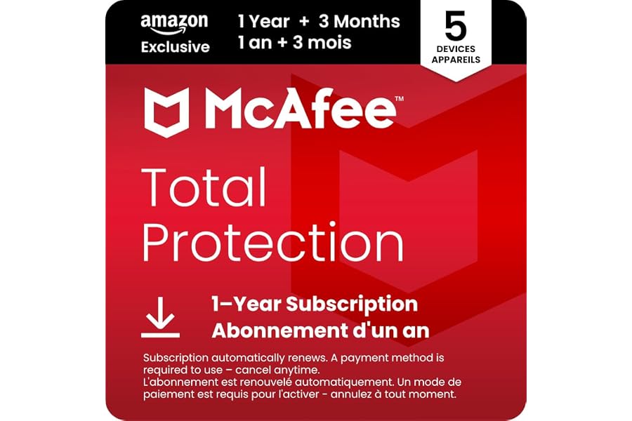 McAfee Total Protection 2025 | 5 Devices | 15 Month Subscription with Auto-Renewal| Cybersecurity software includes Antivirus