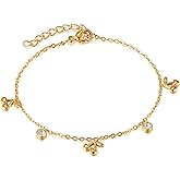 Thin Gold Cherry Bracelets for Women, 14K Gold Plated Charm Bracelet 6.7" + 2" Adjustable Chain with Cubic Zirconia Dainty Stainless Titanium Steel Bracelets Minimalist Bracelet for Wife, Girlfriend