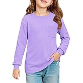 Haloumoning Girls Long Sleeve Shirts Kids Crewneck Soft Tunic Tops Basic Casual T-Shirts 5-14 Years with Pocket