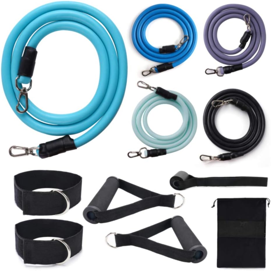 DouLukit Resistance Bands, 11 Pack at Home Workout Equipment Set - Includes 5 Stackable Exercise Bands with Door Anchor, Ankle Straps, Handle, Carrying Case (Blue)