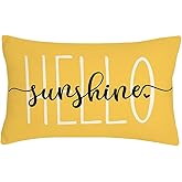4TH Emotion Hello Sunshine Pillow Cover Farmhouse Yellow Lumbar Pillow Cover Spring Summer Decorations Cushion Case for Sofa Couch Polyester Linen 12x20 Inches