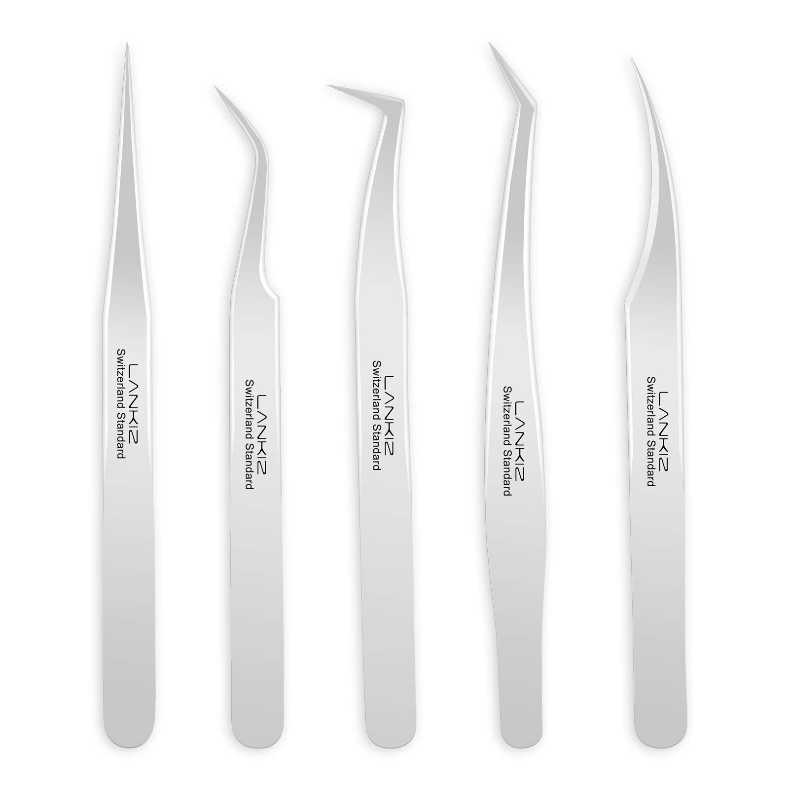 LANKIZ Eyelash Tweezers Set - 5 PCS Stainless Steel for Volume Lash Extensions - Silver