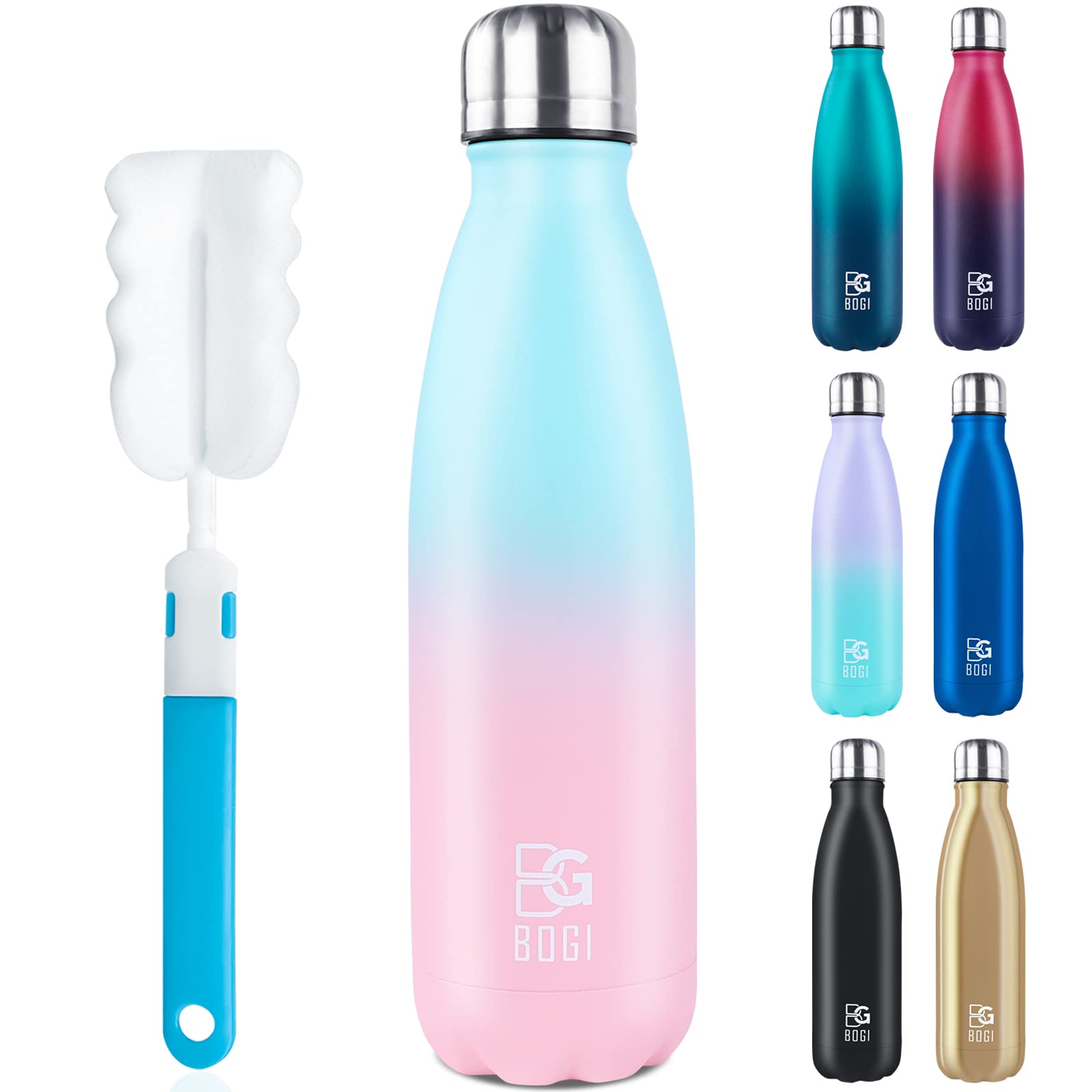 BOGI Insulated Water Bottles,750ml Metal Water Bottle,Leakproof Stainless Steel Water Bottle Keep Hot and Cold Water Bottle Bike Gym Sports Water Bottle for Girls Kids with Cleaning Brush(Spink)