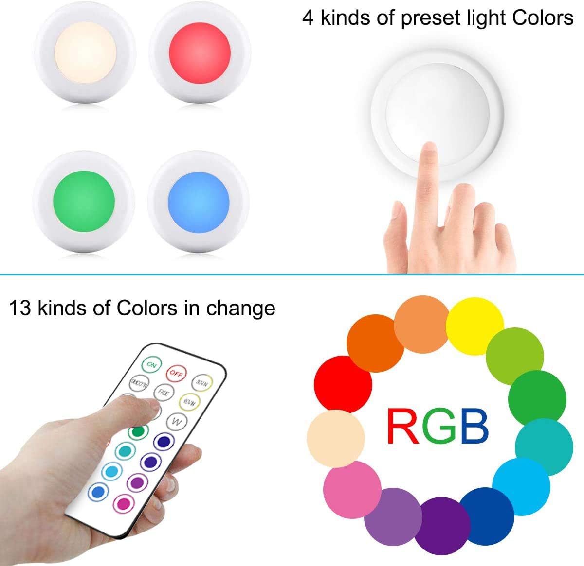 Cadrim Puck Lights, LED Color Changing Puck Lightings and Dimmable Under Cabinet Lights Battery Powered Under Counter Lights with 2 Wireless Remote Controls for Kitchen(6 Pack) - - 