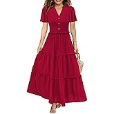 Soinku Women 2026 Summer Casual Maxi Dress Flutter Short Sleeve Swiss Dot Smocked Tiered Flowy Boho Long Dresses with Pockets