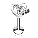 16 Gauge Three Gem Hollow Heart Steel Labret Monroe Piercing Stud Internally Threaded (Red-16G 1/4")