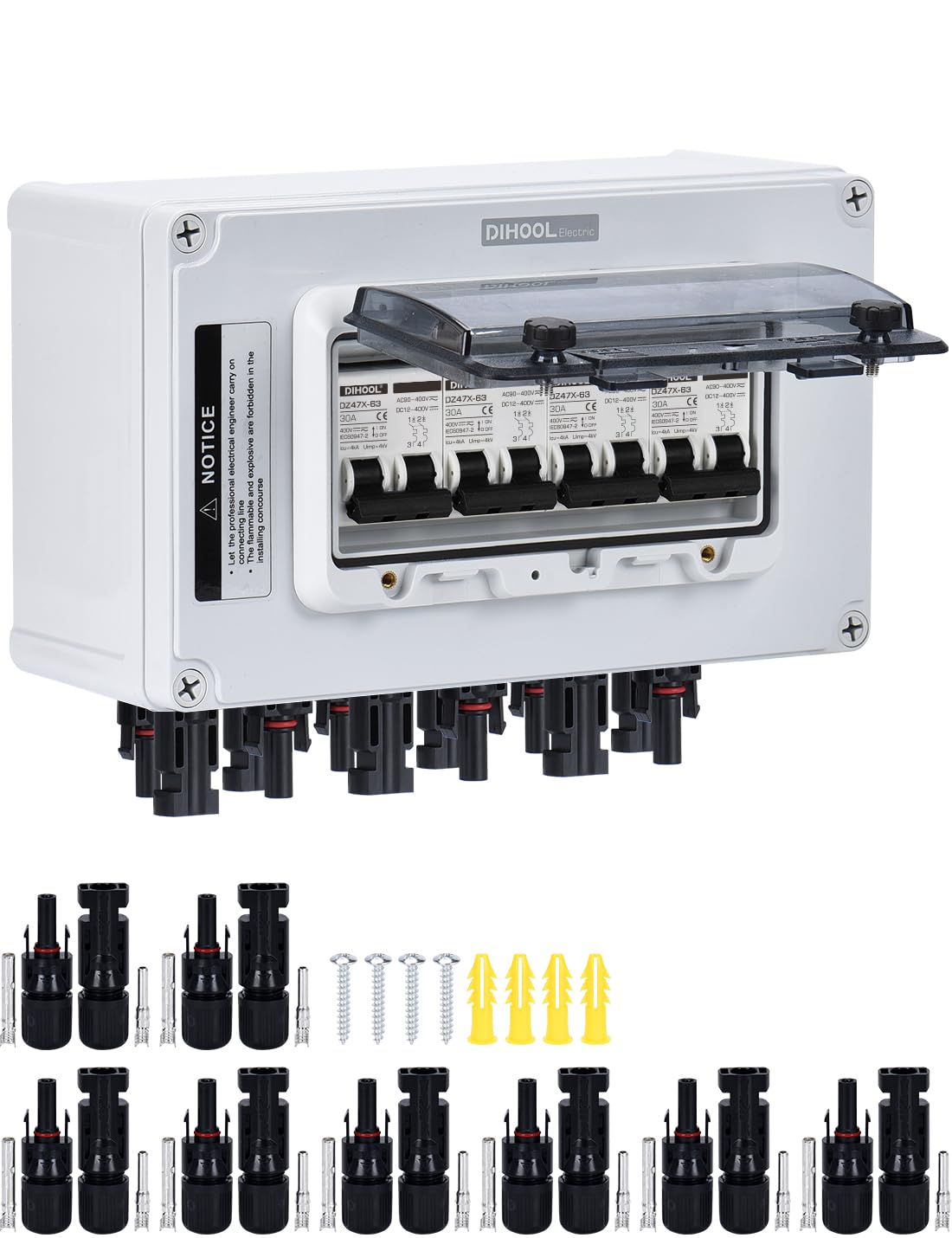 DIHOOL IP67 Solar Disconnect Switch Junction Box 4 String (4 in 4 out) 15a DC isolator Switch,PV Circuit Breaker