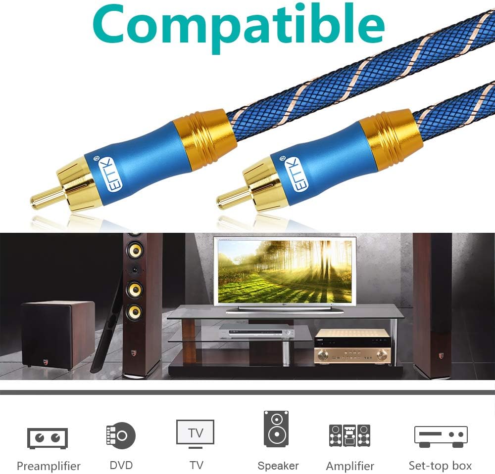 EMK RCA Subwoofer Cable Digital Coaxial Audio Cables RCA Cable Male to Male Split-tip Plug 24k Gold-Plated Nylon Braided Audio SUB Coaxial Cables for DVD Speaker - Image 3