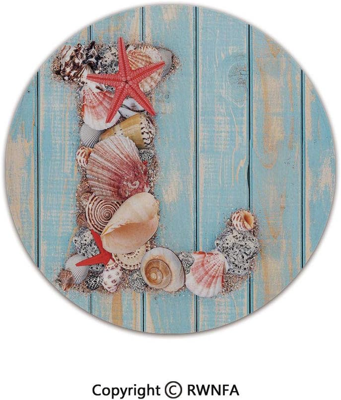 Quality Well Woven Barclay Round Area Rugs,Ocean Inspired Theme Alphabet Design Letter L with Marine Elements 5' Diameter Pale Blue Ivory Dark Coral,for Kids Room Bedroom Kitchen