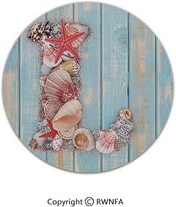 Quality Well Woven Barclay Round Area Rugs,Ocean Inspired Theme Alphabet Design Letter L with Marine Elements 5' Diameter Pale Blue Ivory Dark Coral,for Kids Room Bedroom Kitchen