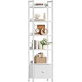 Furologee 6 Tier Bookshelf, Tall Shelf with Drawer, Wood and Metal Bookshelves Storage Organizer, Modern Display Shelving Unit for Bedroom, Living Room, Home Office, White