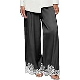 Women Satin Silk Lace Trim Pants Y2k Elastic Waist Wide Leg Pj Lounge Boxer Bottoms Trendy Causal Trousers