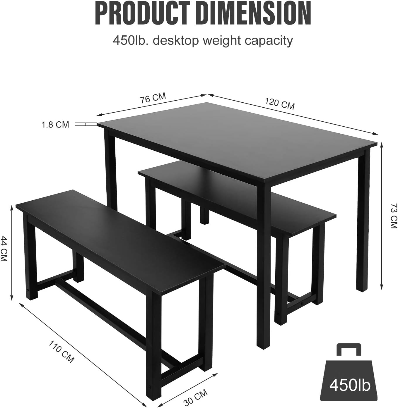 BAHOM 3 Pieces Kitchen Dining Table with Bench Set for 2 Solid Wooden Tabletop and Steel Support Structure for Home, Kitchen, Dining Room (Black, 3pc) - Table & Chair Sets