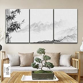 3 Panel Canvas Wall Art - Chinese Ink Painting Style Mountain and Bamboos - Giclee Print Gallery Wrap Modern Home Art Ready to Hang - 16"x24" x 3 Panels