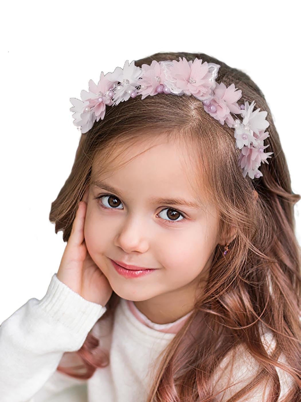 IYOU Flower Girl Headband Pink Floral Headpiece Pearl Wedding Communion Hair Accessories for Kids