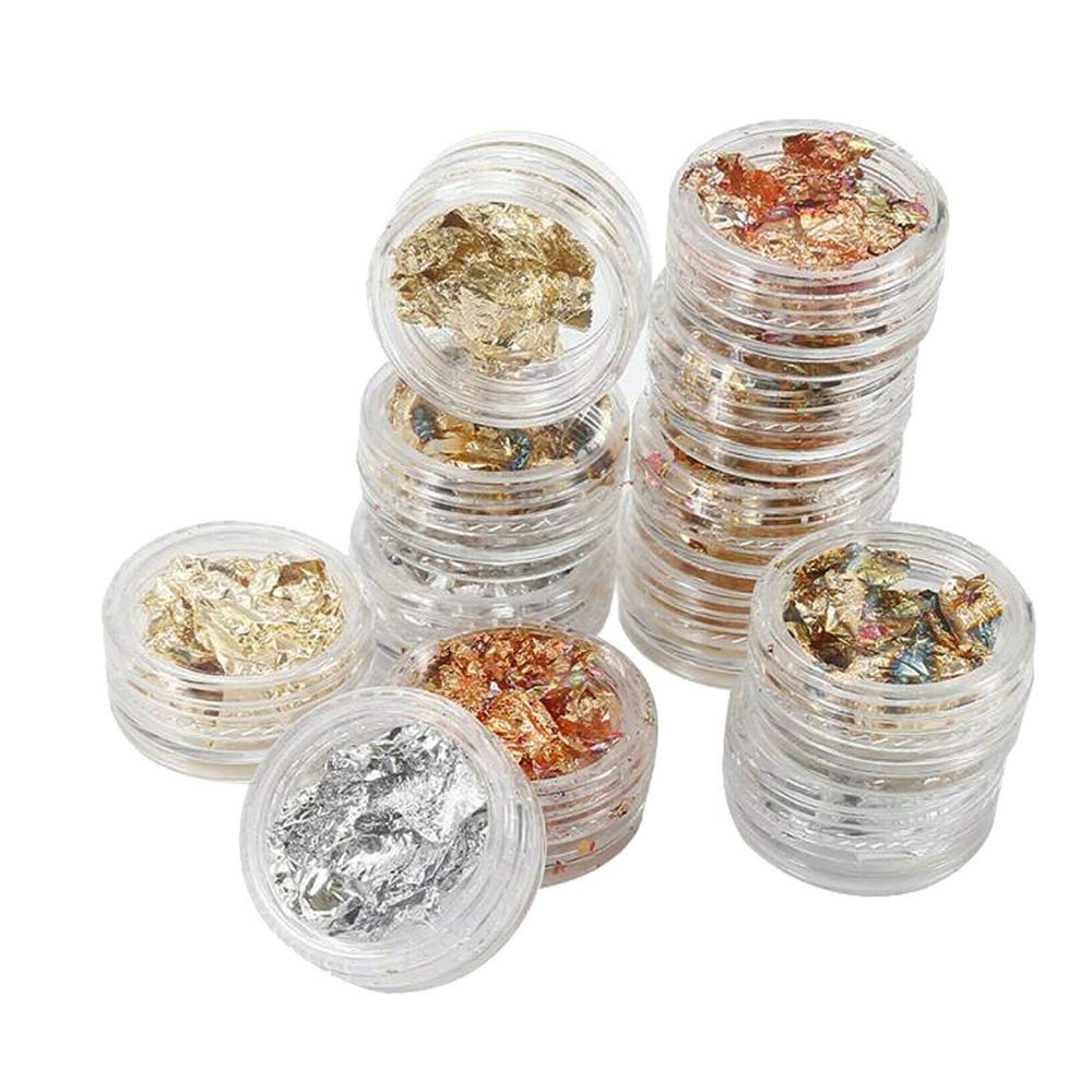 12 Pack Nail Art Foil Leaf Silver Gold Copper Flakes Chunky Glitter Body Decor Makeup Palette Sequins for Shining Flakes Decorations Temporary Tattoo Hena Metallic Holographic Wrap