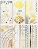 Dalin 6 Sheets Gold Silver and Black Temporary Metallic Tattoos Jewelry Adult Temp Tattoo Long Lasting, Trendy Designs - Elephant, Peacock Feather, Earring, Wings and More