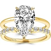 RODIFFY 3.5CT Cushion/4CT Pear Cut Engagement Ring Set,18K Yellow Gold Plated 925 Sterling Silver Bridal Wedding Ring Set with Open Wedding band