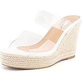 WIRALOMI Women Clear Wedge Heel Sandals Slip On Espadrilles Platform Sandals Slide Summer Beach Crystal Mules Sandals