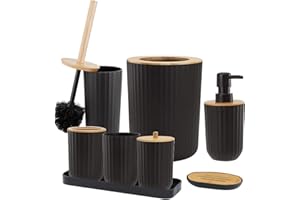 Bamboo Bathroom Accessory Set,BeiLan 8 Pieces Bath Ensemble Set- Soap Dish Toothbrush Holder Rinse Cup Lotion Bottle Trash Ca