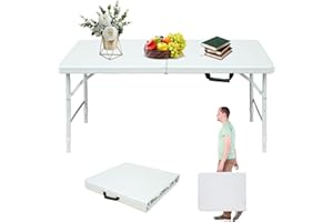LSKSSNG Portable 4Ft Folding Table, Heavy Duty Plastic Fold-in-Half Utility Foldable Table Small, Adjustable Height Plastic Folding Table with Carrying Handle for Camping & Party Indoor/Outdoor(White)