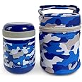 kinsho Kids Thermal for Hot Food and Soup with Insulated Lunch Bag. Food Jar Container for Boys Hot Lunches, Wide Mouth, Leakproof Easy Grip, Thermal Vacuum Seal, 10 oz Blue Camouflage