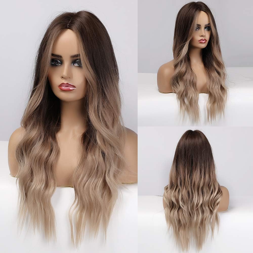 HAIRCUBE Omber Brown Wig Middle Parting Long Curly Women's Wigs 24 Inch Wigs for Women Natural Looking Synthetic Wigs - Image 3