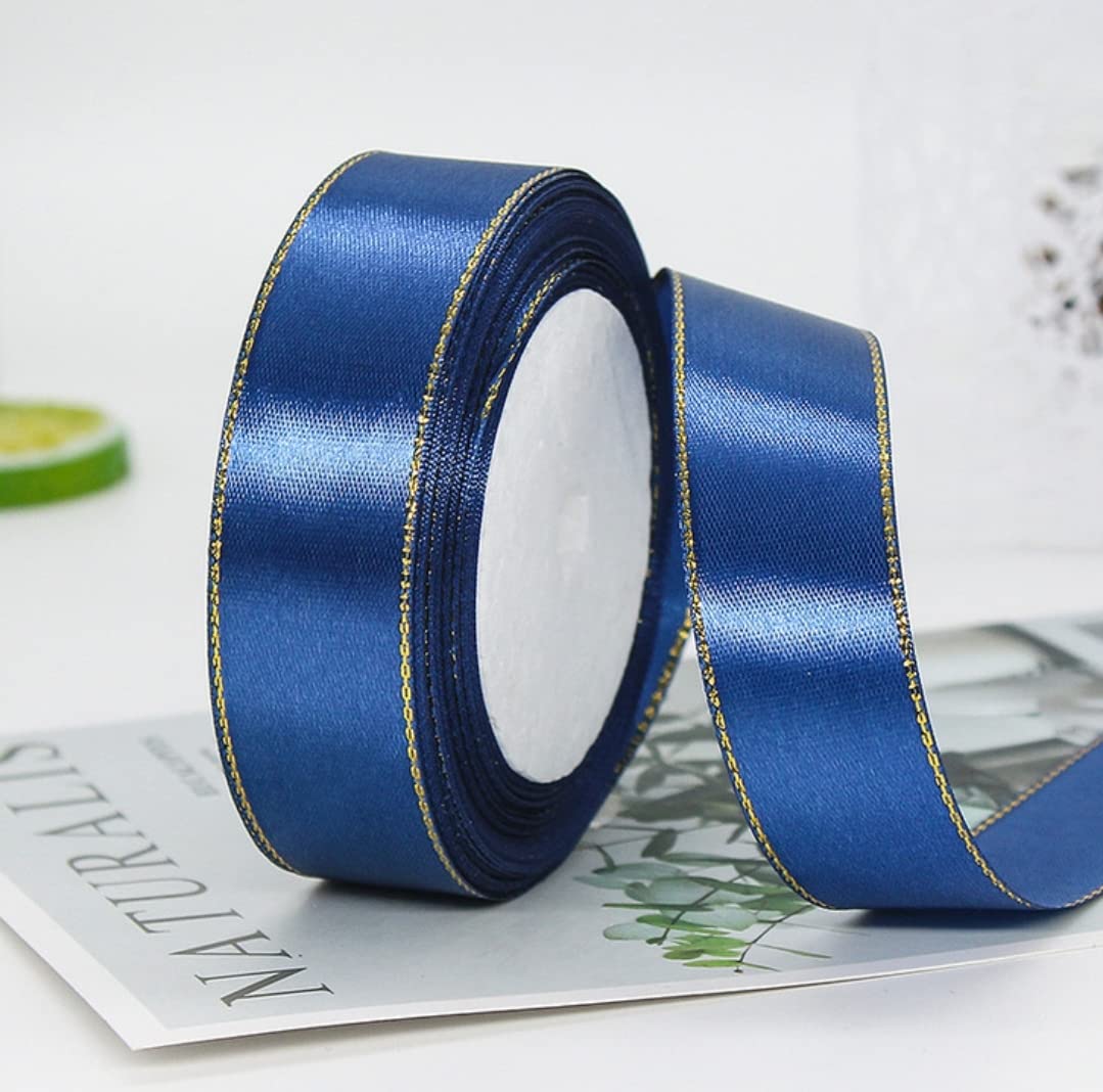 MajorCrafts® 25mm 22metres Gold Edge Trim Satin Fabric Ribbon Roll Craft Embellishments (Navy Blue R38)