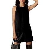 LADYFUL Women's Leather Overall Dress Sleeveless Patchwork Shift Mini Dresses Casual Pinafore Tank Dress